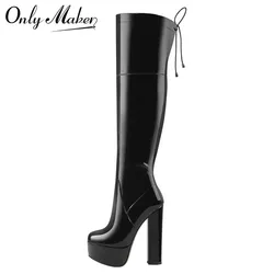 OnlymakerWomen  Over The Knee Platform Boots Thick High Heels Round Toe Side Zip Punk Style High Fashion Big Size Warm Shoes