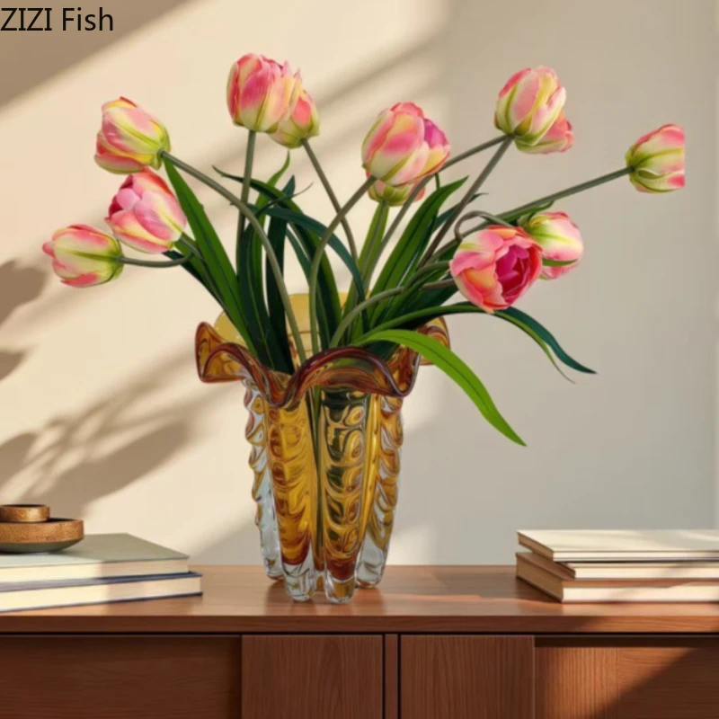 Bernsteinfarbene Blumenglasvase Verstärktes Glas Ornamente Hydroponische Vase Dekorative Vasen Blumenarrangement Dekoration Handwerk