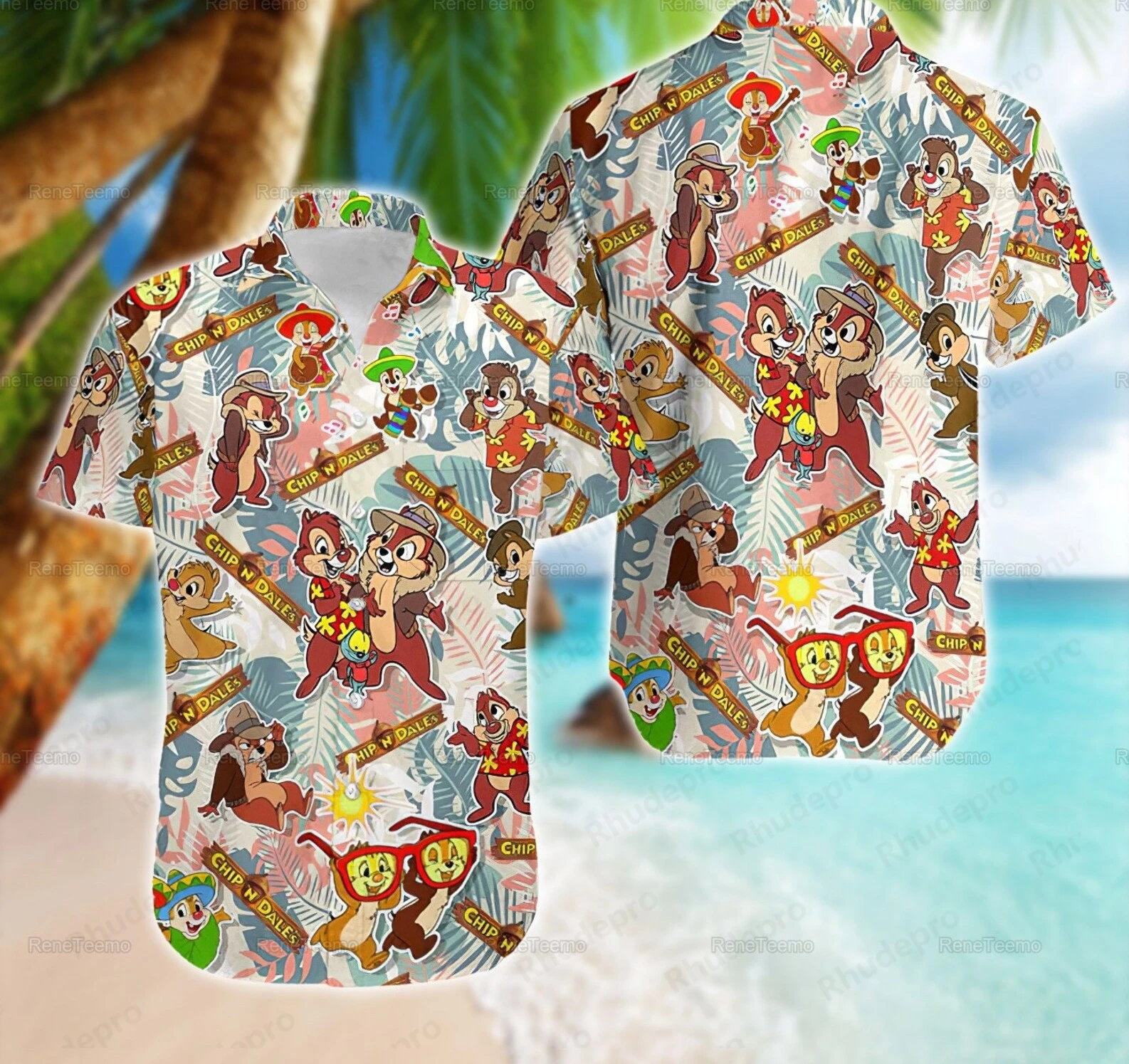 Disney Chip And Dale Hawaiian Shirt Women's Short Sleeve Button Shirt Summer Men's Casual Beach Vacation Sun Protection Shirt