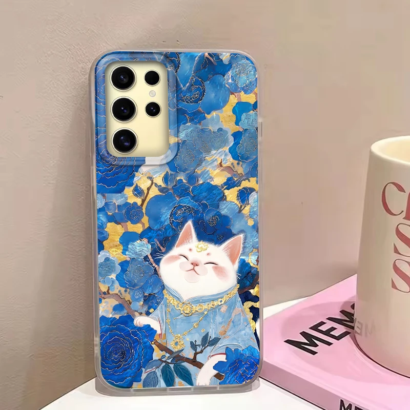 Lucky Cat Blue Golden Rose Sparkle Glacial Texture Hülle für Samsung Galaxy S21 S22 S23 S24 S25 Plus FE Ultra Soft Cover Fundas