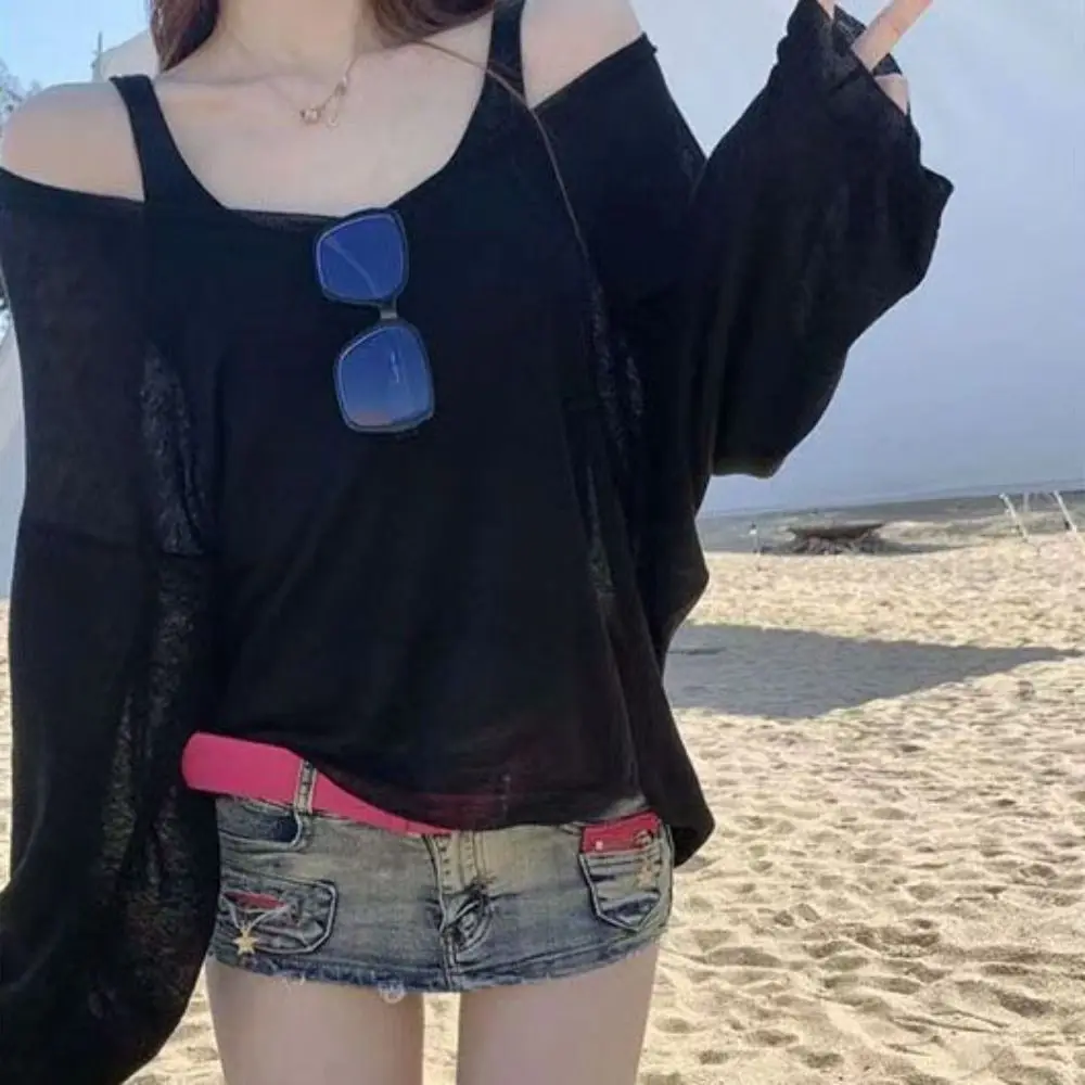 Bikini Cover Up Loose T Shirts Transparent Summer Beach Wear Plain Bottoming Shirts Washable UV-Protective