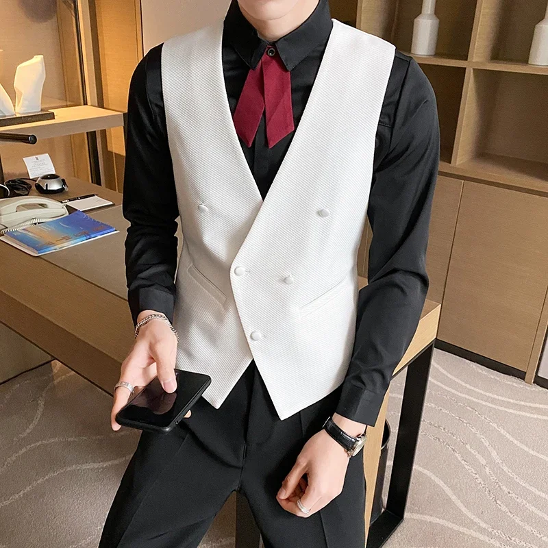 High End V-Neck Solid Mens Vest Jacket Korean Fashion Double Breasted Slim Fit Gilet Homme Brand Business Men Suit Waistcoat 5XL