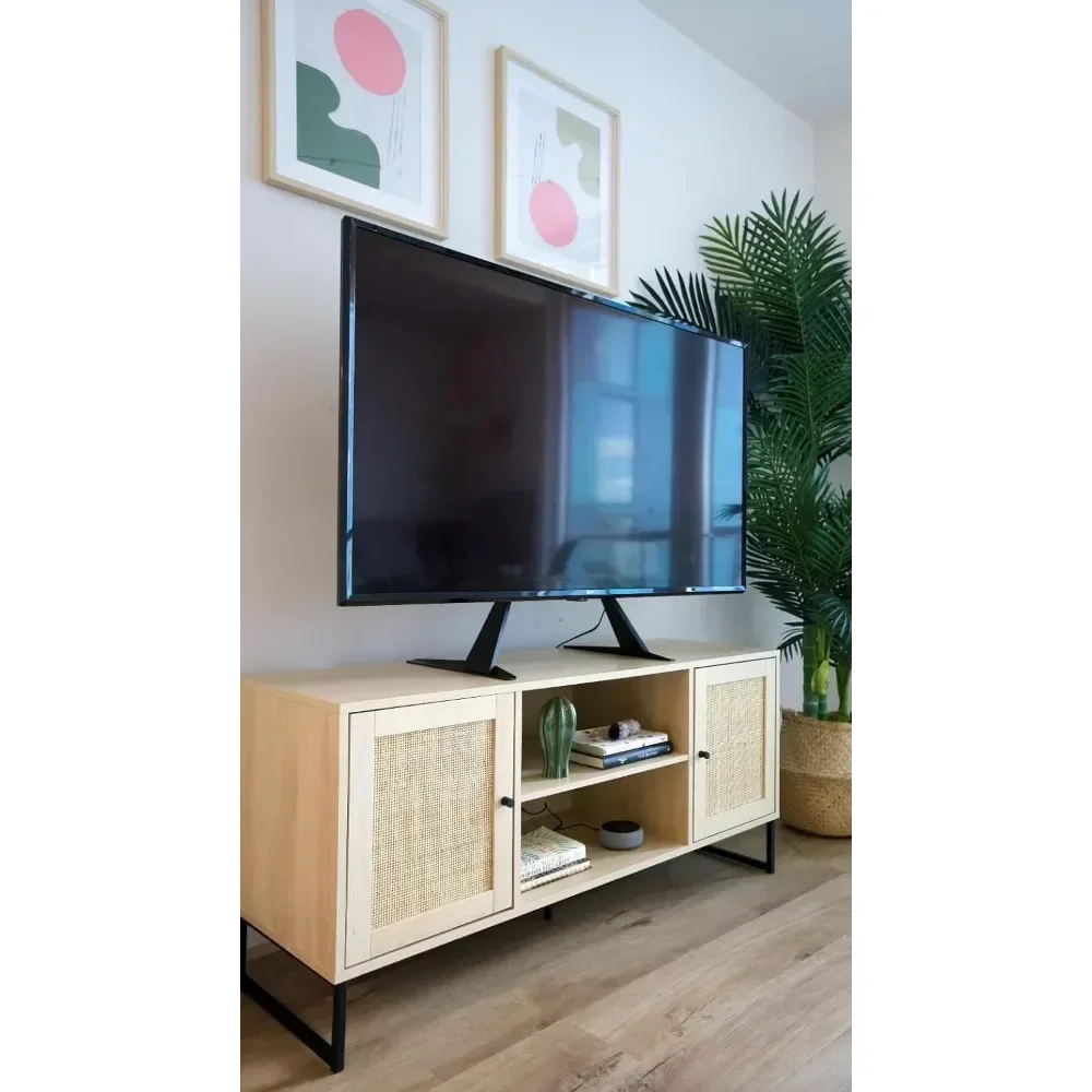 Soporte de TV moderno de Mina 74101, mueble de entretenimiento, consola de medios con acabado de madera de roble Natural y detalles en negro mate