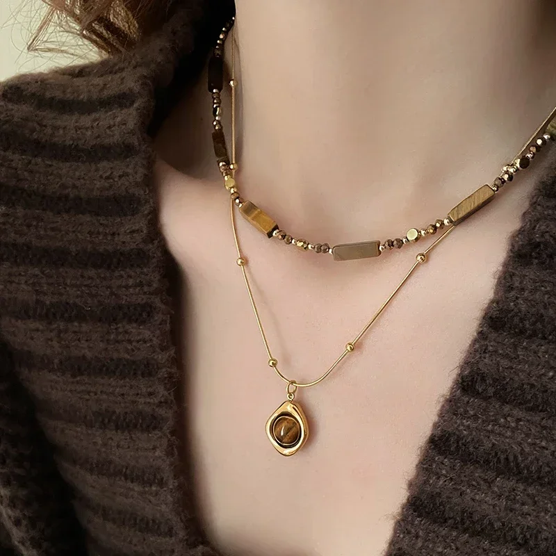 Retro Temperament Layered Tiger Eye Stone Pendant Necklace For Women Stainless steel Double-Layer Collarbone Chain Sets Jewelry image 2