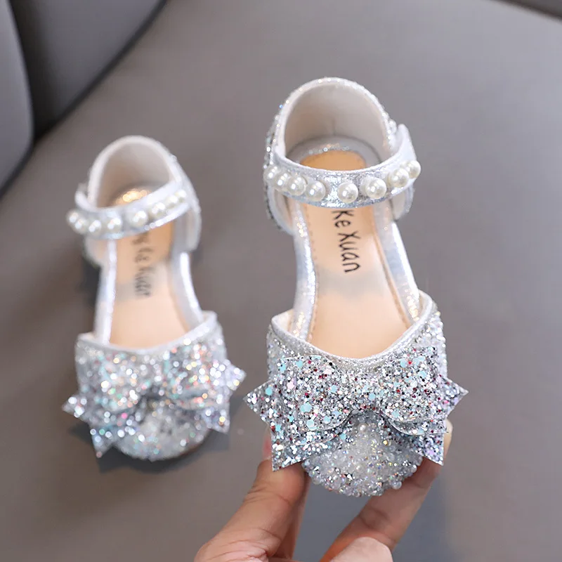 Sandalias de princesa con diamantes de imitación para niña, sandalias con lazo de lentejuelas, zapatos de bebé, zapatos de baile para Fiesta