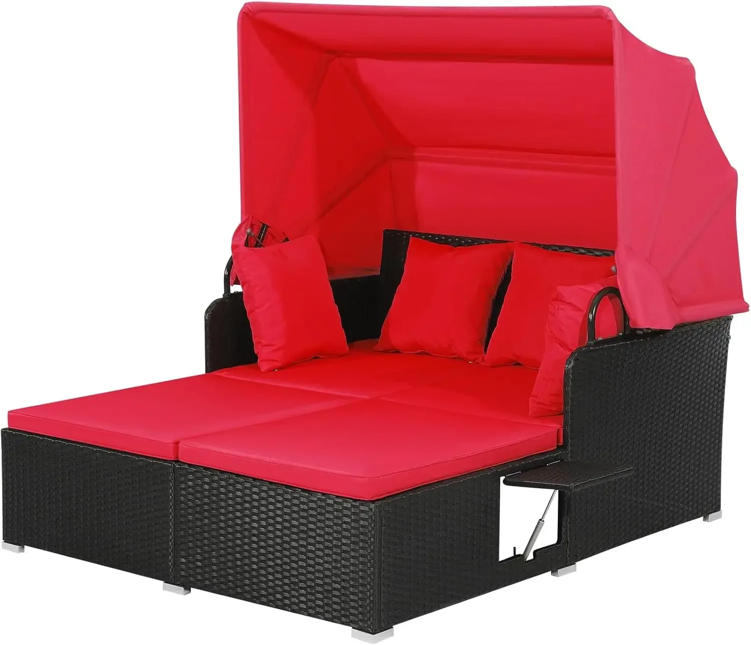 

Outdoor Hand-Woven PE Wicker Daybed Patio Loveseat Sofa Set with Retractable Canopy & 2 Side Tables, Outdoor Sun Lounger