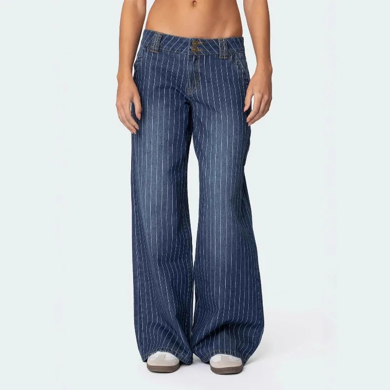 

UNITIM Women's Denim Pant Retro Gradient Color Striped Female Trousers Loose Casual Mid Waist Washed Lady Straight-leg Pant