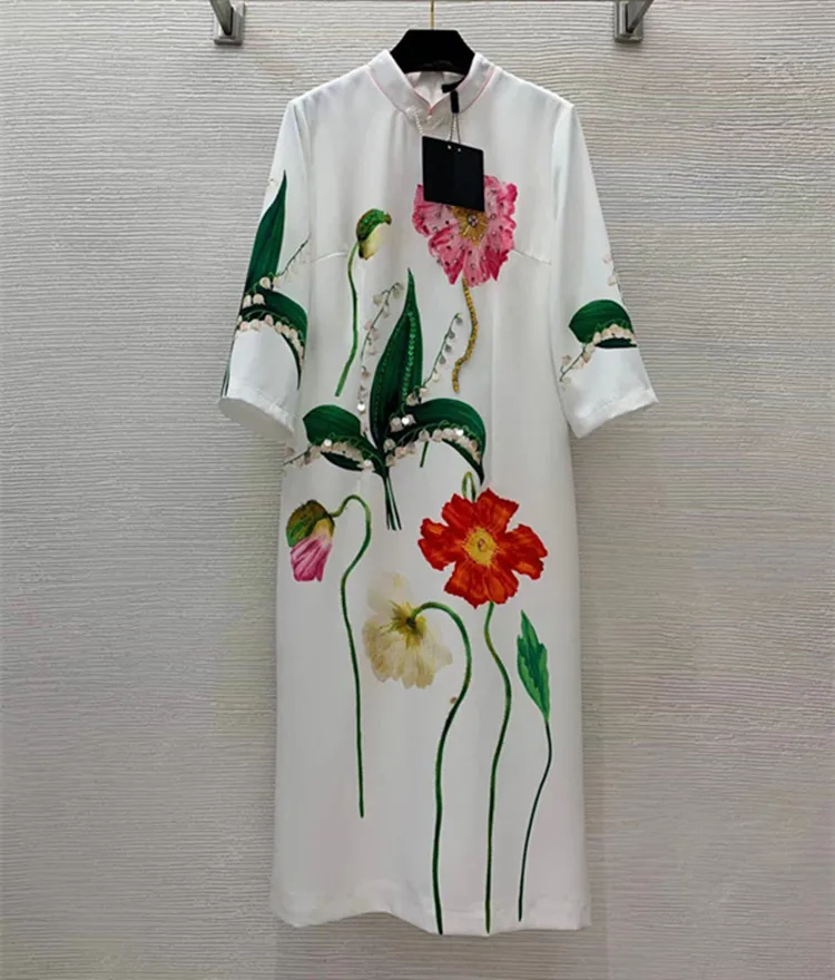 Europe and the United States women's 2024 summer new Stand collar Three-quarter sleeve flower print beading Fashion dress XXL