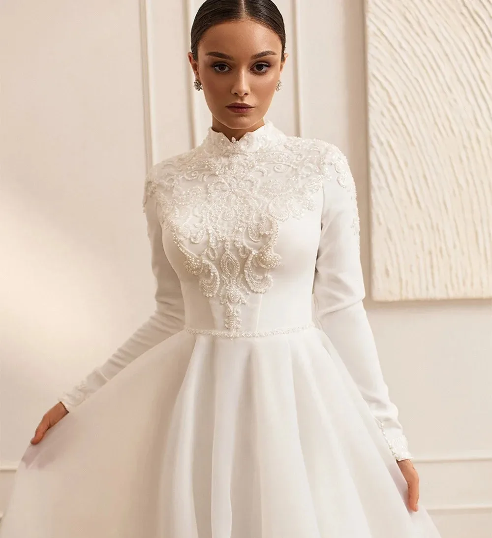 Vintage Wedding Dress High Neck Long Sleeves Beading Applique A Line Organza Bridal Gown Sweep Train Bride Dresses Vestidos