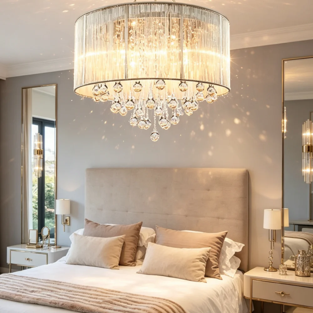 Modern Crystal Ceiling light Flush Mount Handmade Cotton Shade Ceiling Lamp With Premium Crystal Droplets For Girls Room