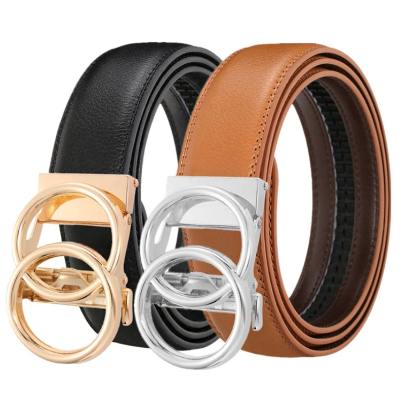 2025 Double Ring Automatic Buckle Belt Men's Leather Belt Cowhide Fashionable and Simple Belt Gold and Silver Alloy Buckle Belt