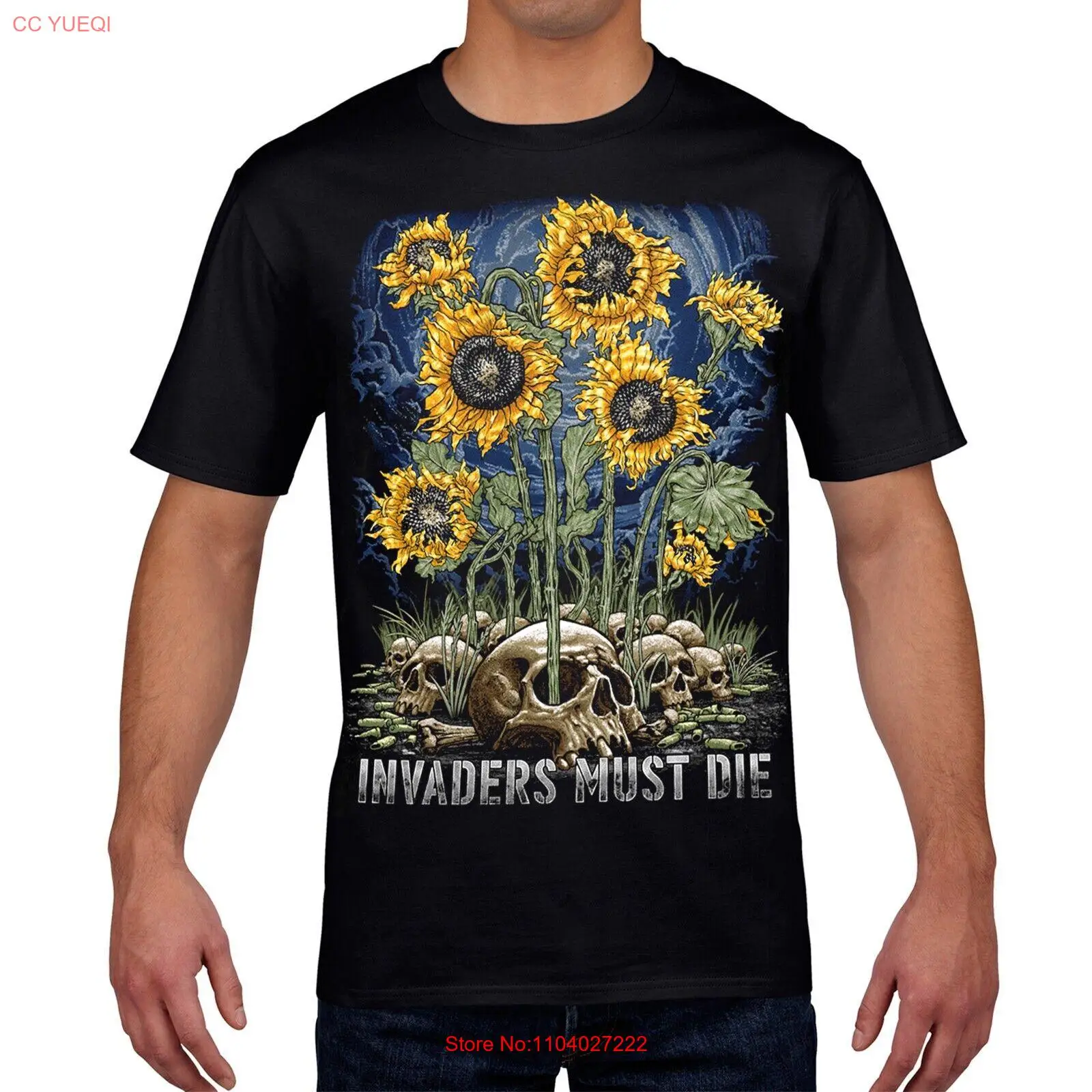 T-Shirt with Skulls and Sunflowers, Invaders Must Die.