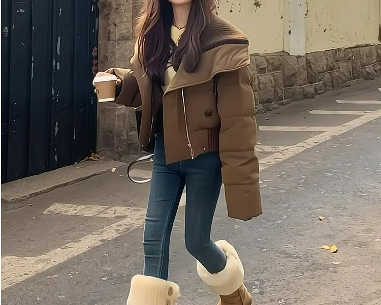 Flip Collar Short Down Cotton Jacket for Women Winter Thick Casual Retro Bread Jacket