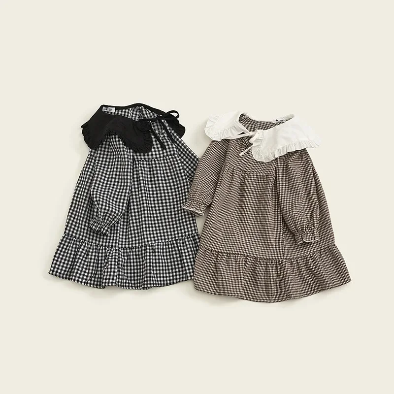 Spring Autumn Toddler Girls Dress Cotton Lace Lapel Infant Babys Girls Dress Loose Long Sleeve Plaid Young Kids Girls Dress