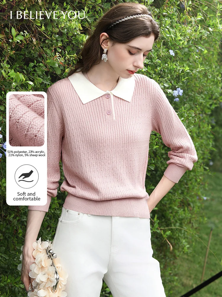 

I BELIEVE YOU Women's Pink Wool Knitted Top 2026 Spring Contrast Polo Neck Tops Sweet Casual Sweaters Office Lady CMZ245900A