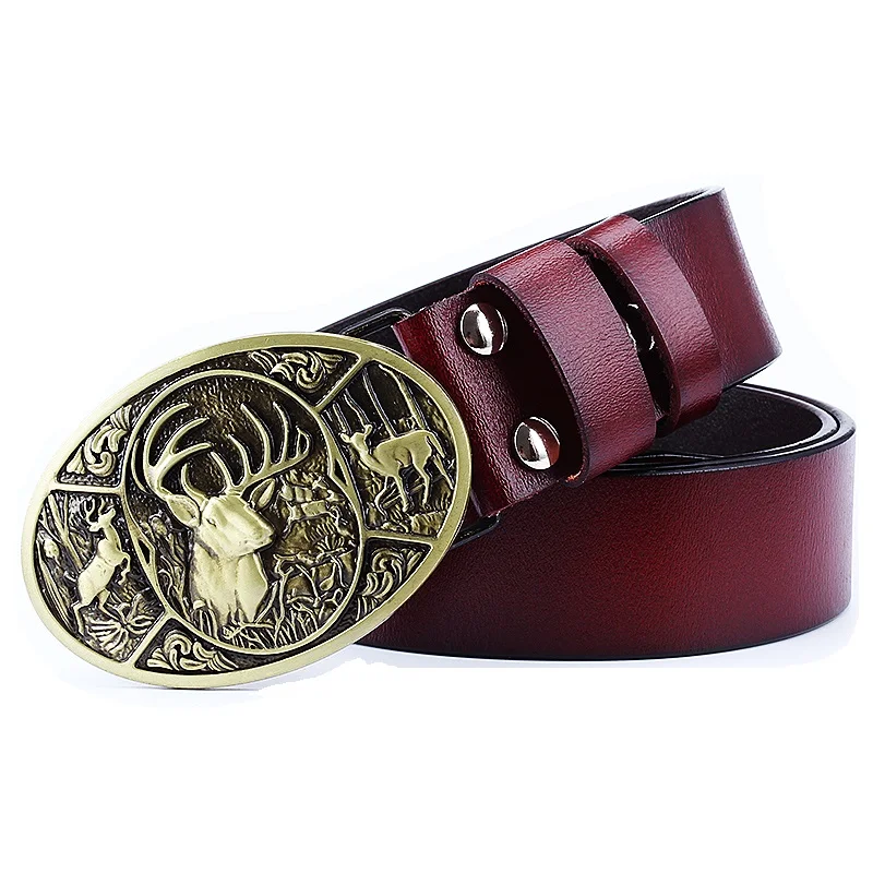 

Euro-American Style Caribou Runes Elk Buckle Men Belts Moose Sign Deer Cow Skin Leather Belts Animal Pattern Free Shipping