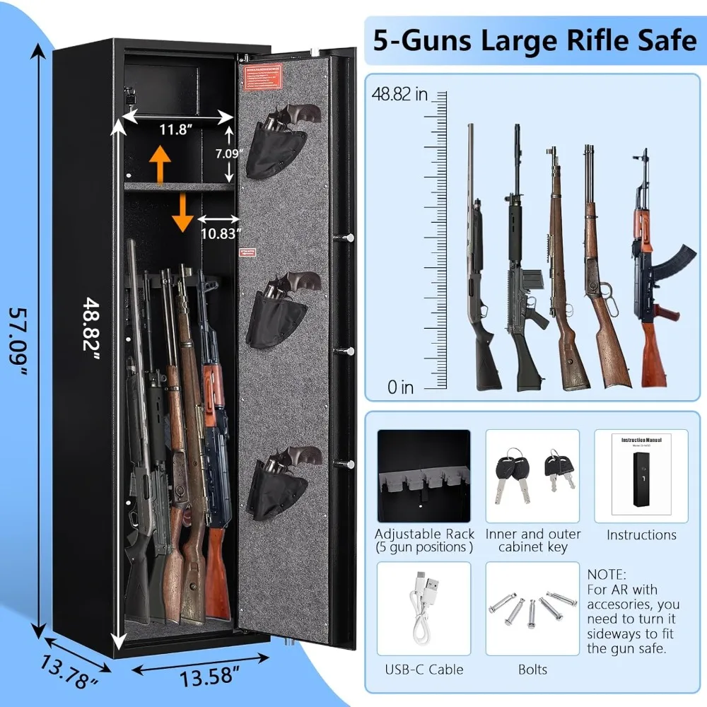 5 Gun Safe, Quick Access Biometric Rifle Safe with Extra Locker, Long Gun Safe for Rifles and Pistols with Anti Theft Alarm