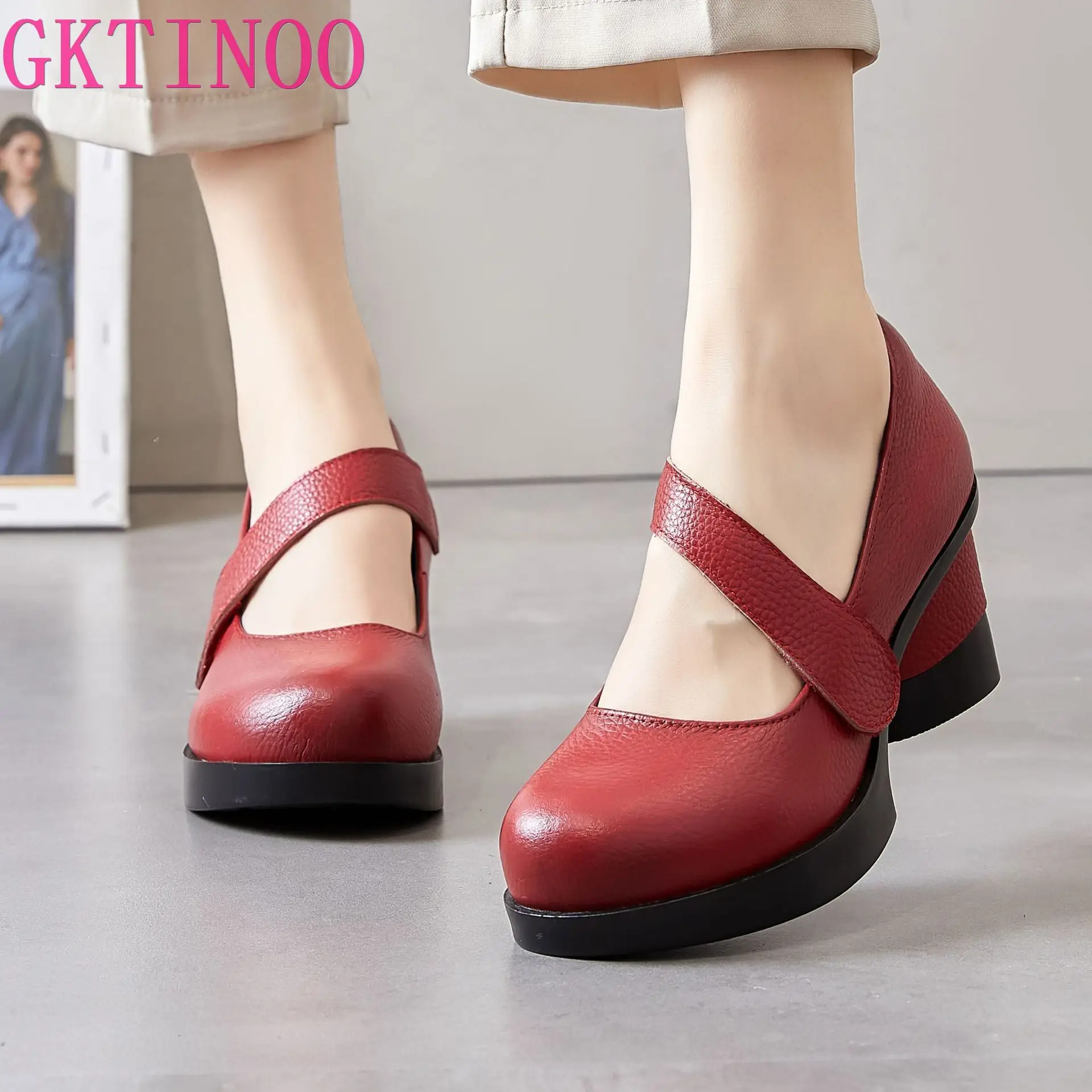 GKTINOO High Heels Genuine Leather Pumps Women Shoes 2024 New Autumn Retro Casual Round Toe Platform Handmade Ladies Shoes