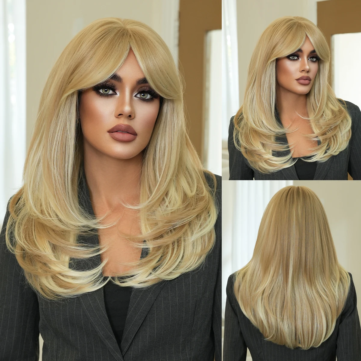 NAMM Neue modische lange gerade hellblonde Perücke, natürlich aussehende, hochwertige synthetische Faserperücke für Frauen, für den täglichen Gebrauch und Partys