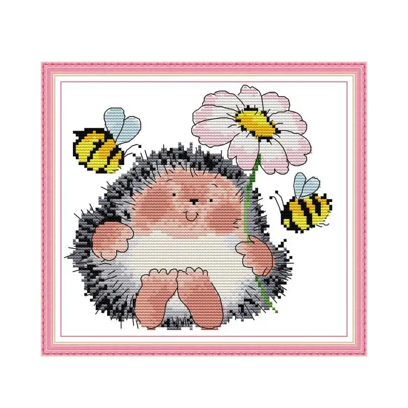 Cute Hedgehog And Flowers Pattern Cross Stitch Kits 14CT 11CT Count Stamped Canvas Fabric Embroidery Sewing Set DIY Home Decor