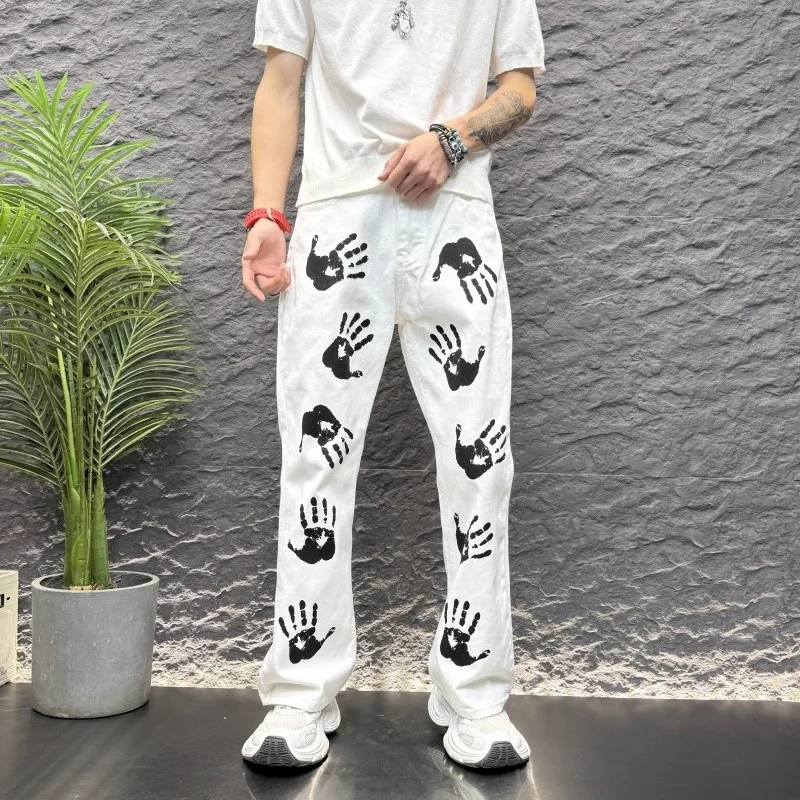 Y2K Techwear Spring New Mens Retro Hand Print Denim Trousers Fashion Hip Hop Vintage White Baggy Jeans For Man Pantalones Hombre