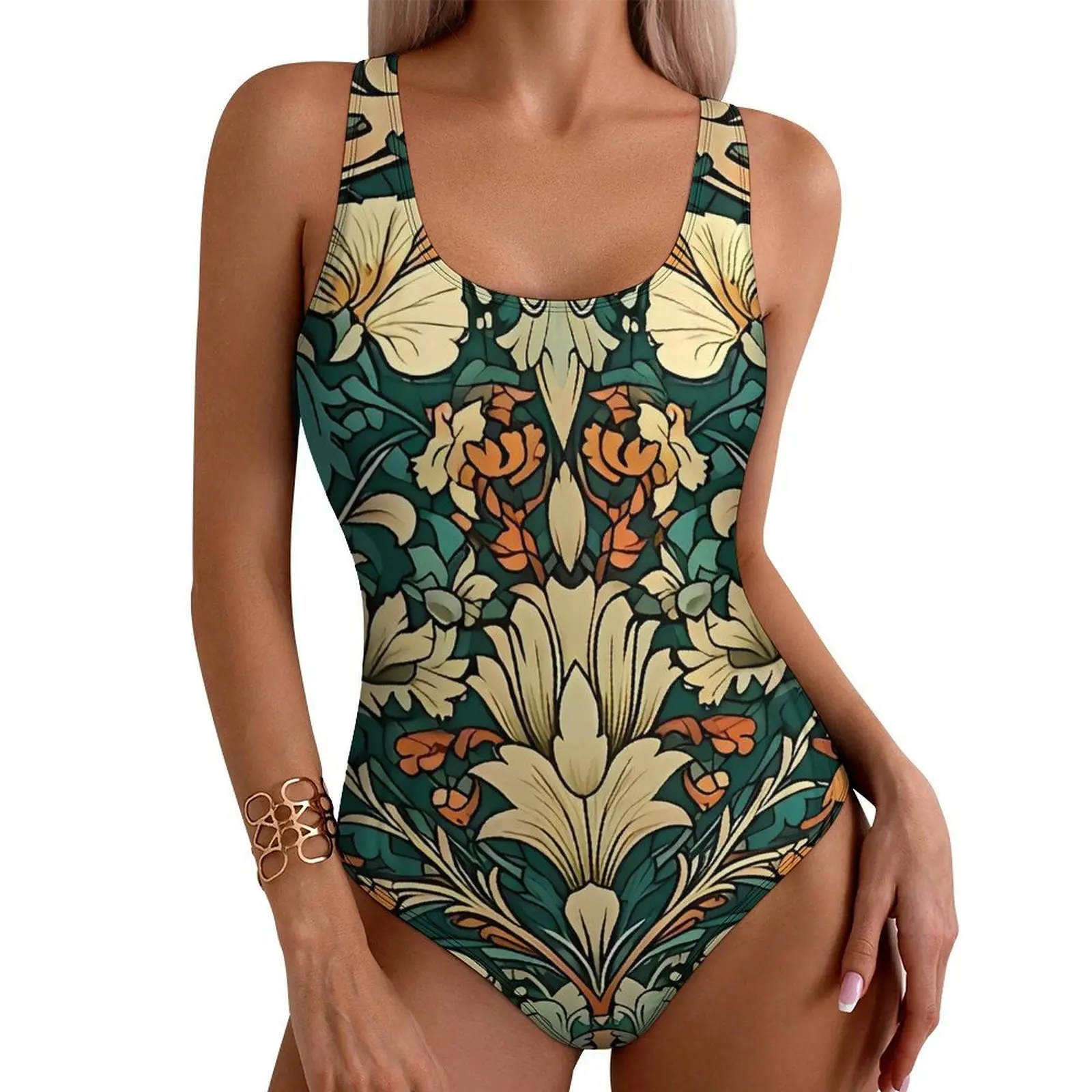 

Art Nouveau Swimsuit Sexy Floral Print Female Swimwear One-Piece Fashion Bodysuit Holiday Swim Push Up Cut Out Beachwear