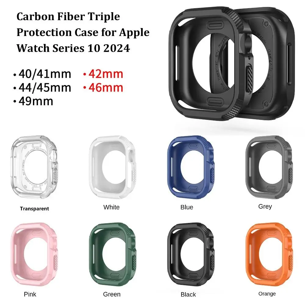 Soft TPU Case for Apple Watch Series 10 42/46mm High Sensitivity Scratch-Resistant Screen Protector Cover All-wrap Carbon Fiber