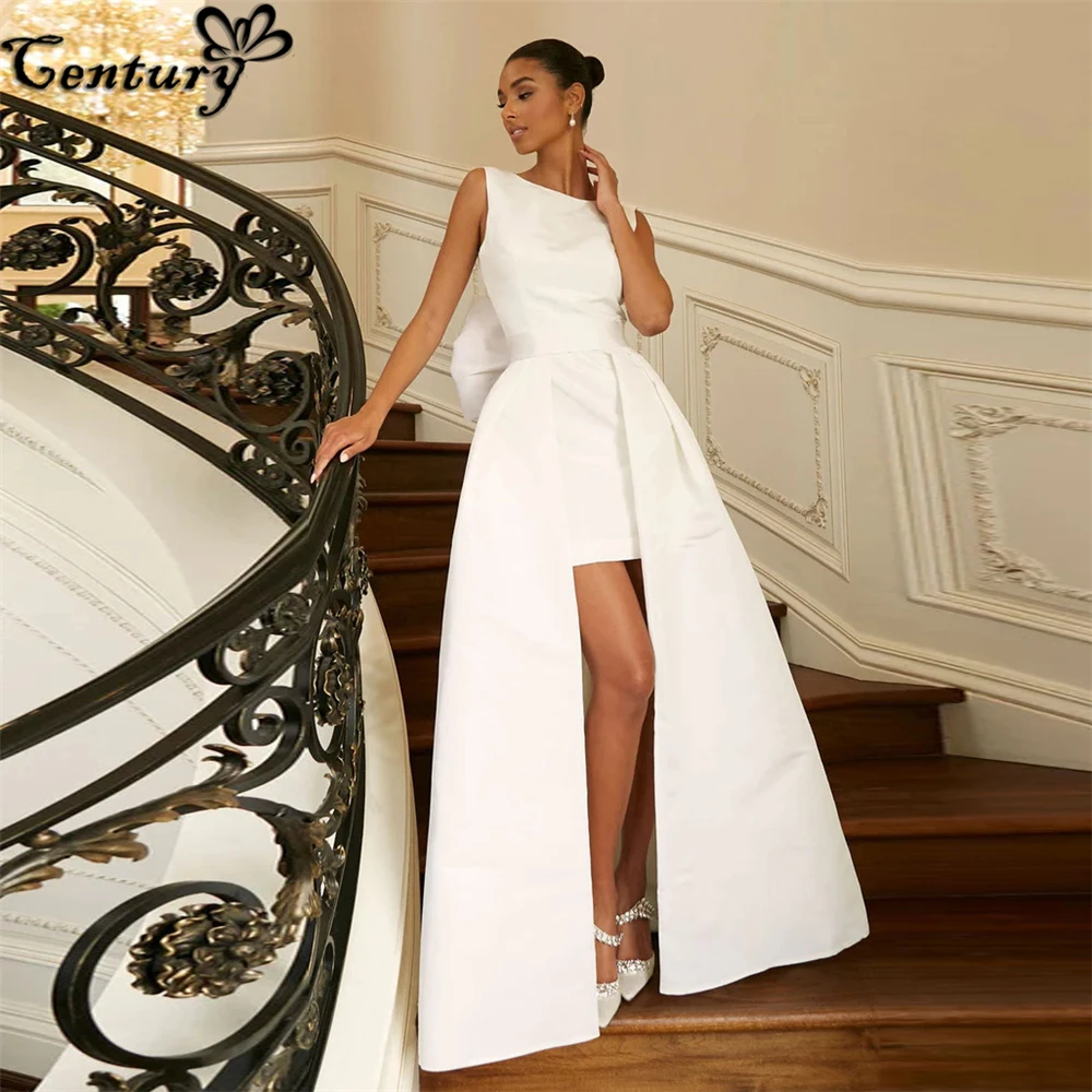 

Ivory Prom Dress With Detachable Bow Train Backless Satin Formal Occasion Dresses Pageant Evening Gowns Robe De Soiree