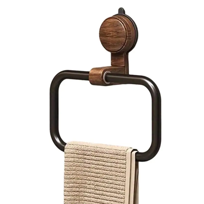 

Vintage Style Towel Ring In Walnut Wood Featuring Holder Stainless Steel Frame Suction Cup Mount, No-Drill Bathroom Wall Mount-A