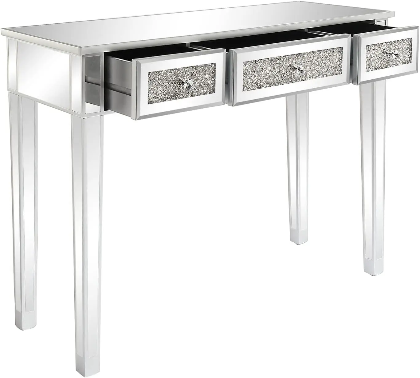 Table console miroir argentée avec incrustation de cristal, bureau avec 3 portes de proximité, table de canapé, salon, entrée, foyer