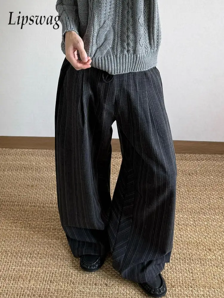 

2026 Spring Fall Streetwear Men Trousers Vintage Striped Printing Loose Straight Pants Casual Mens Pleated Design Bottoms Pants