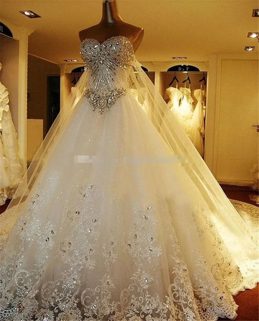 

Luxury A-Line Wedding Dress Sweetheart Appliques Beaded Crystal Bridal Gowns Cathedral Lace-up Back Vestidos De Novia