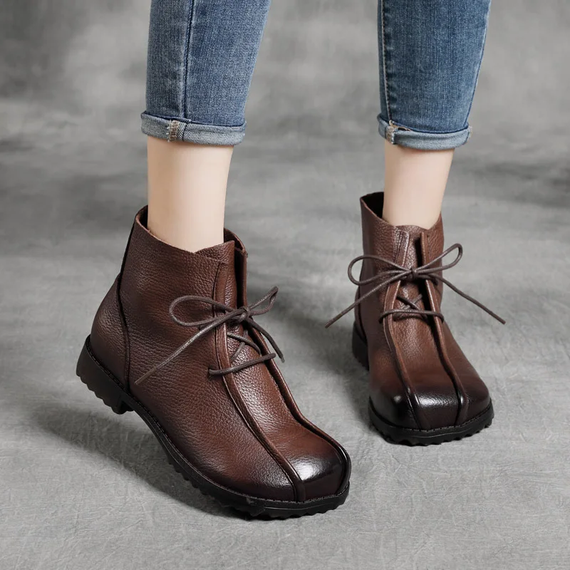 Hand-made spring and autumn leather retro booties, cowhide, beef tendon, soft sole, heel strap, single boots,