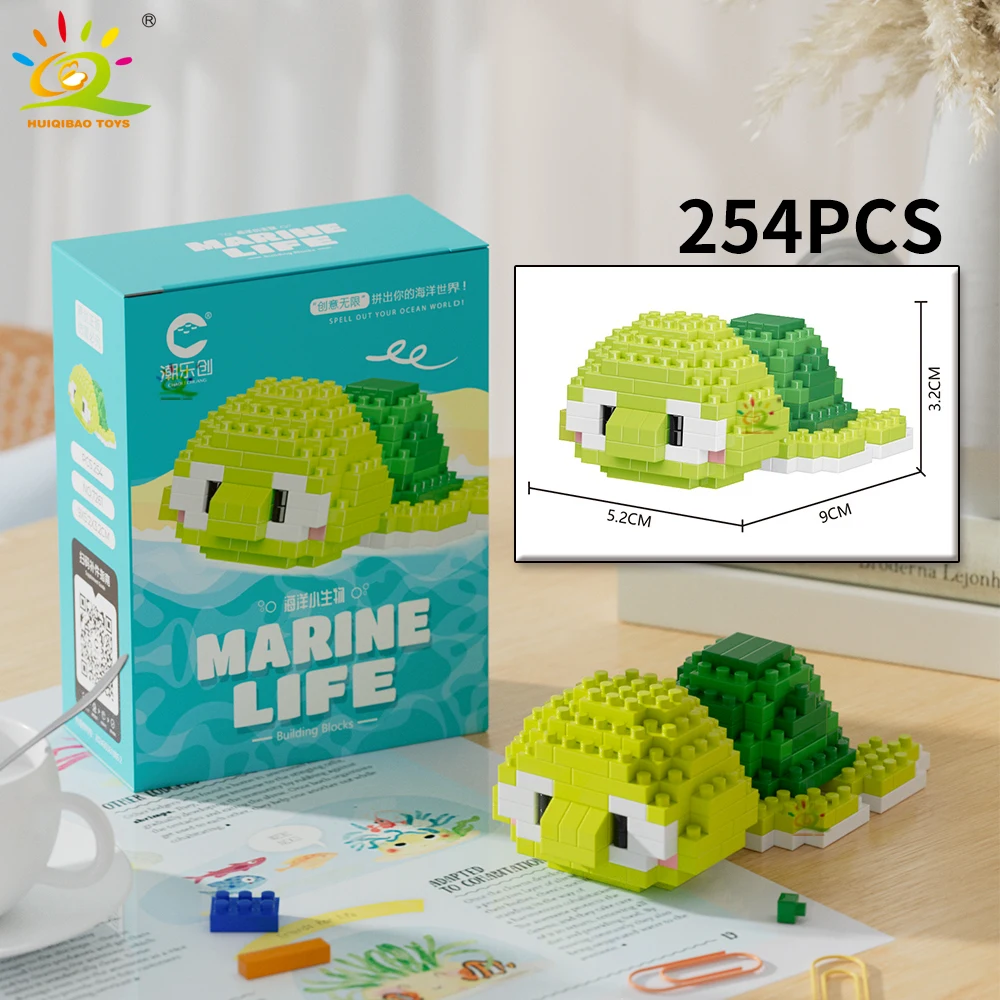 HUIQIBAO Mini Cute Shark Turtle Crab Sealife Animal Micro Building Block 3D Diamond Model Brick DIY City Toys for Children Kids