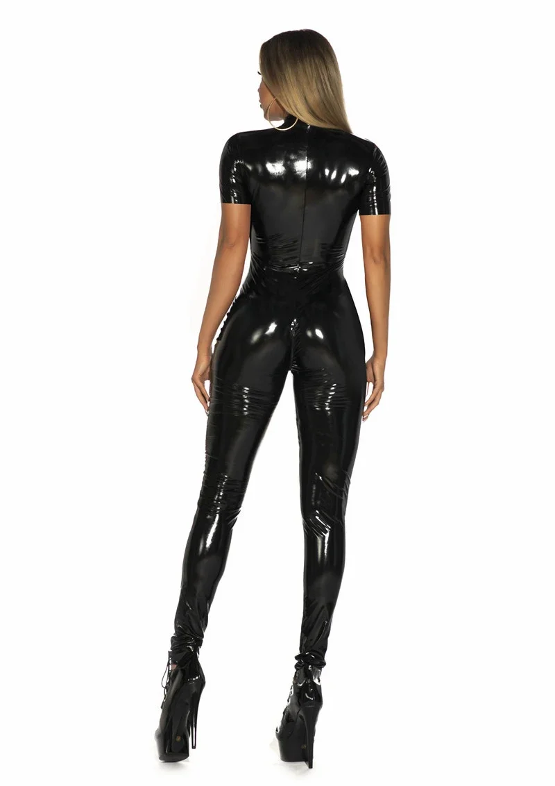 Sexy Catsuit Látex PVC das mulheres, Manga Curta, PU Macacão De Couro Falso, Bodysuit Virilha Aberta, Clubwear Trajes De Festa, S-5XL