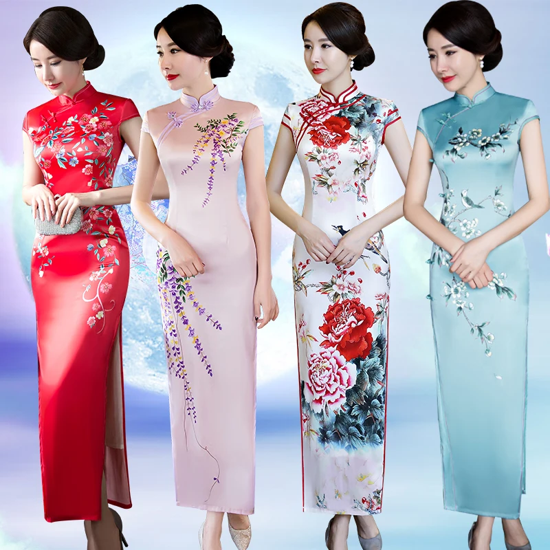Elegant Vintage Silk Long Dress Slimming Showstopper High Slit Short Sleeve Floral Print Perfect for Banquet And Daily Wear