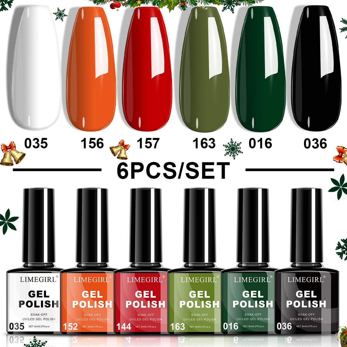 LIMEGIRL 6 pièces Gel vernis à ongles ensemble noël UV vernis à ongles Semi-Permanent tremper UV LED vernis Nail Art Gel Kit