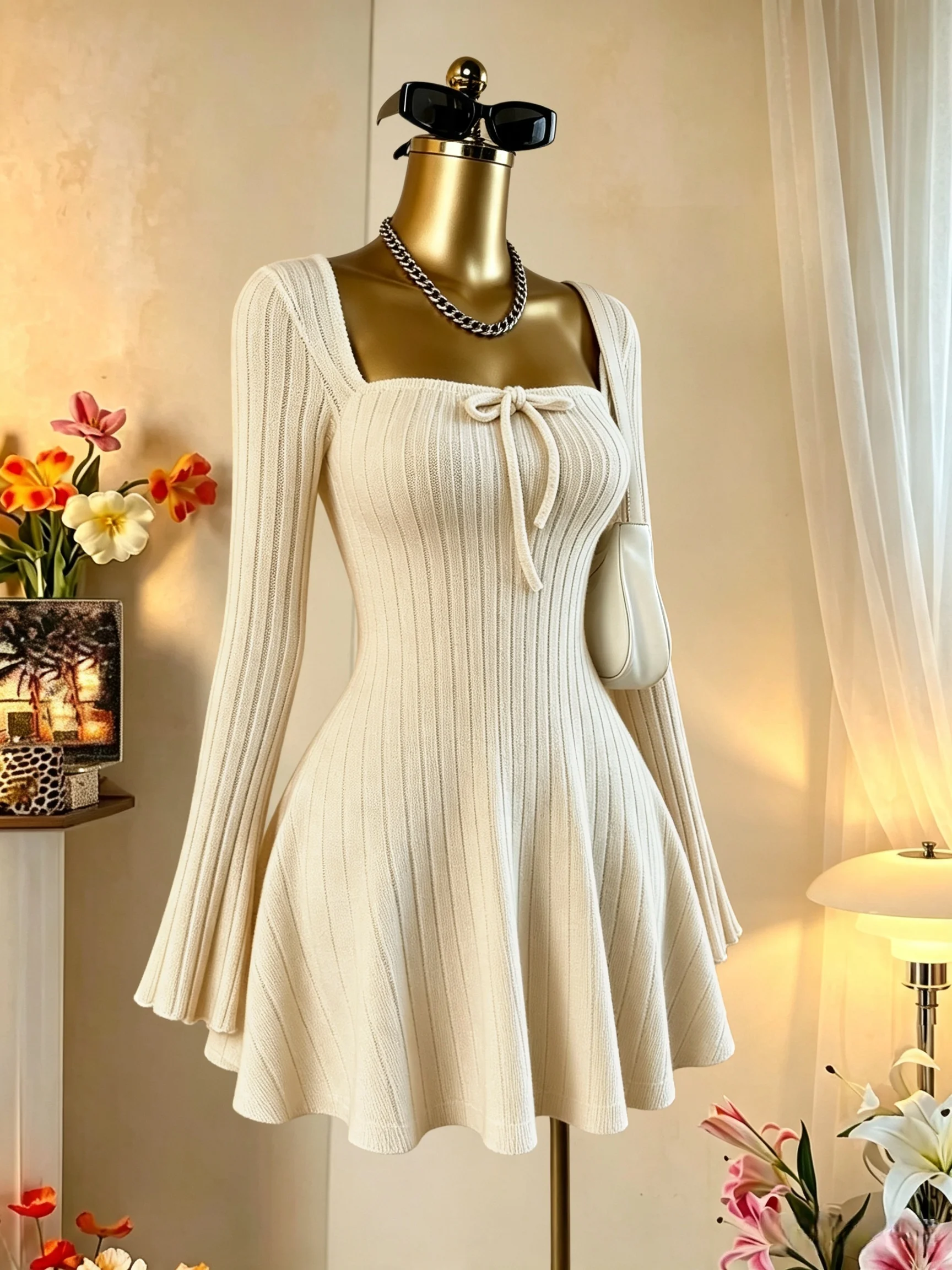 Damen-Minikleid mit quadratischem Ausschnitt, vorne gebunden, gerippt, ausgestellter Rock, lange Ärmel, tailliert, A-Linie, Y2K, sexy Kleid – Detail 13