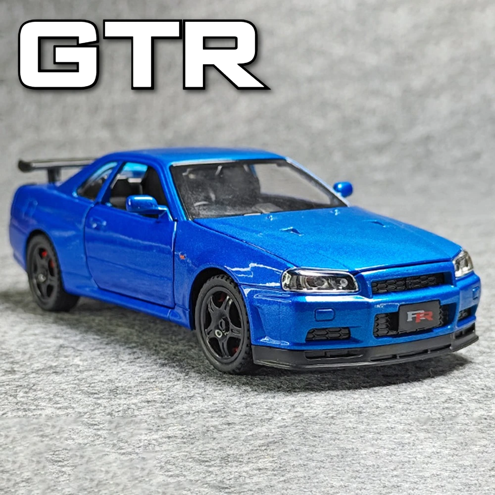 1:32 GTR R34 Automodell Spielzeug, Rückzieh-Metallkarosserie, Sportwagenmodelle, realistisches Design, Türen öffnen sich, Spielzeug für Freunde, Geschenke