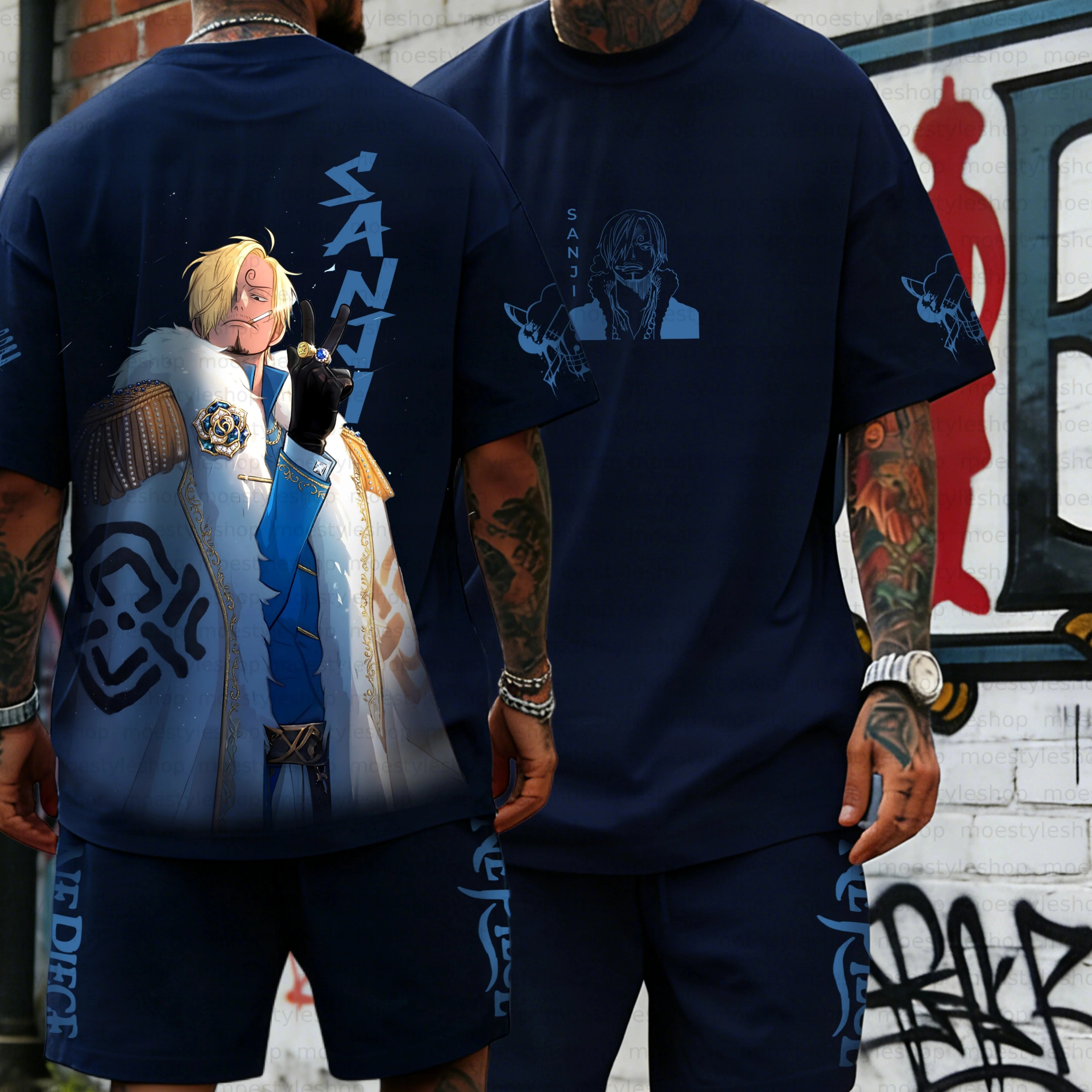 

2026 Men's One Piece Sanji Anime Oversized Quick Drying T-Shirt Navy Blue 2 Piece Set Short Sleeve Tee and Shorts Streetwear