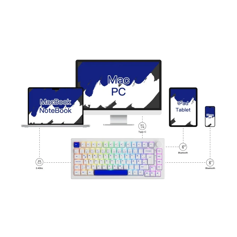 Akko 5075B Plus Blue on White 75% ISO-DE Layout Mechanical Gaming Keyboard Hot-swapple Multi-Modes 2.4GHz /USB Type-C/BT 5.0