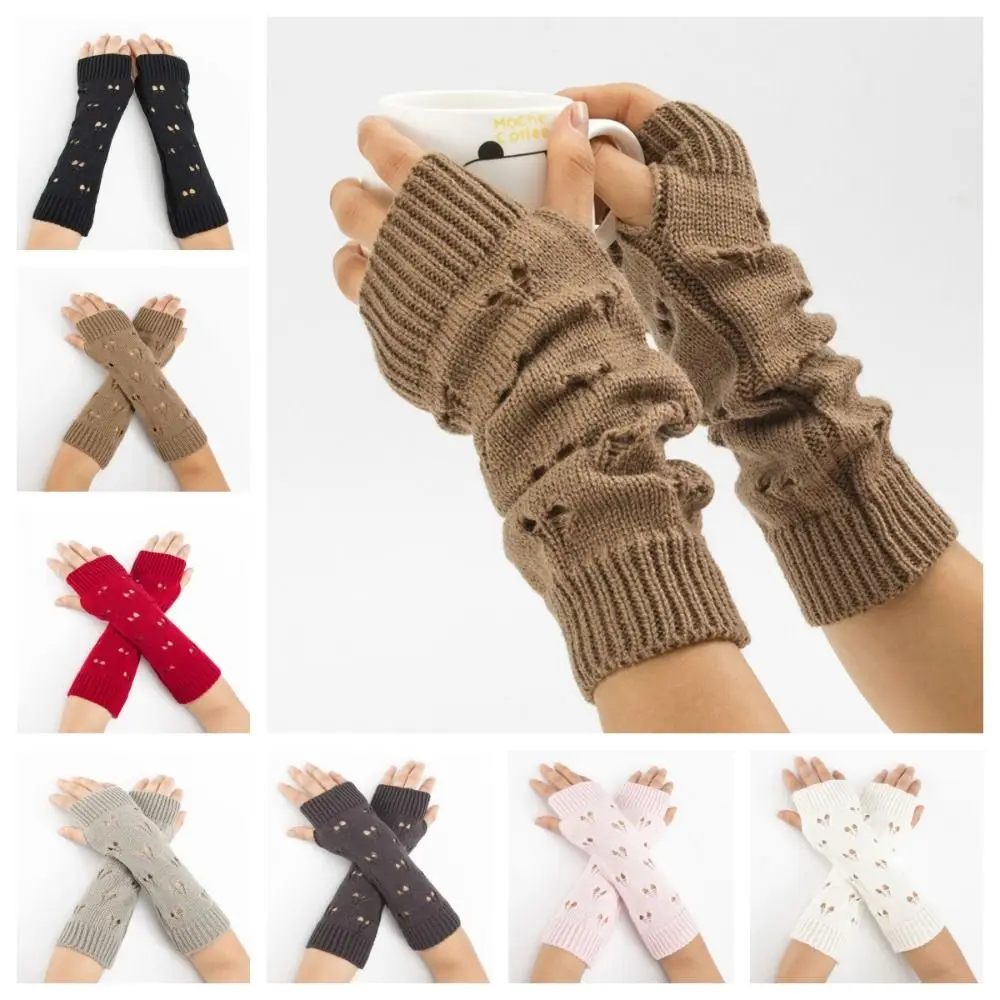 Touch Screen Heart Knitted Fingerless Gloves Elastic Fingerless Hollow Out Loose Gloves Windproof Wristband Half Finger Sleeves