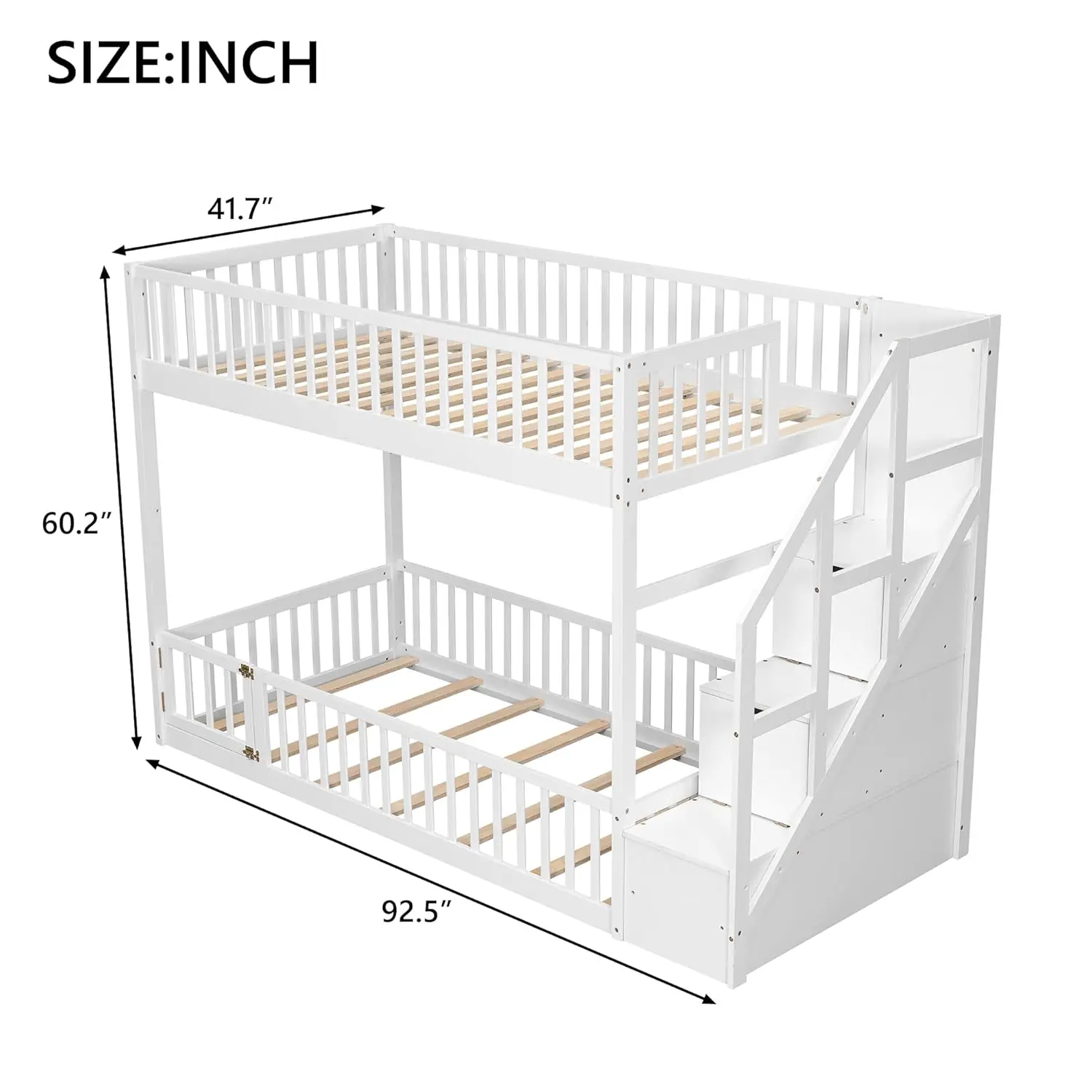 Twin Over Twin Floor Bunk Bed with Storage Stairs, Solid Wood Low Bunk Bed Frame with Door & Guardrails,, Customized