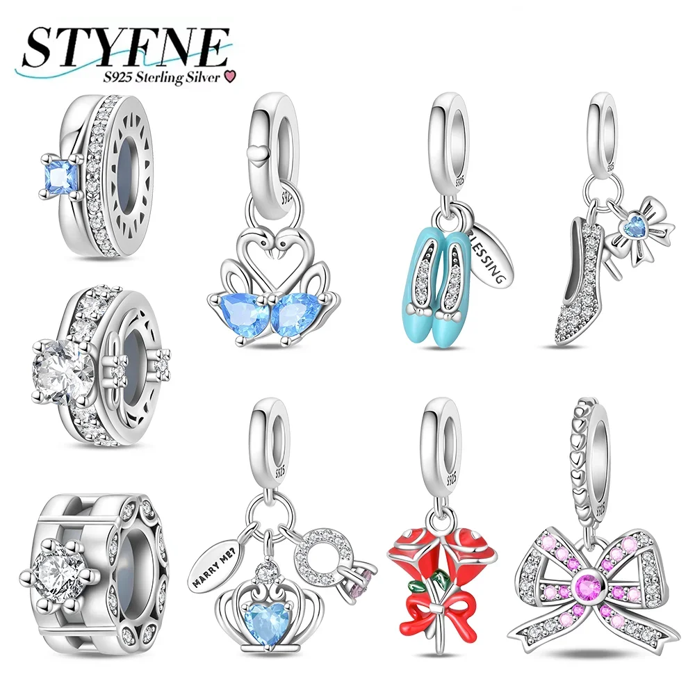 

New 925 silver charms zircon swan love rose bouquet romantic bow beads pendants Fit Original Bracelet Women Fine Jewelry Making