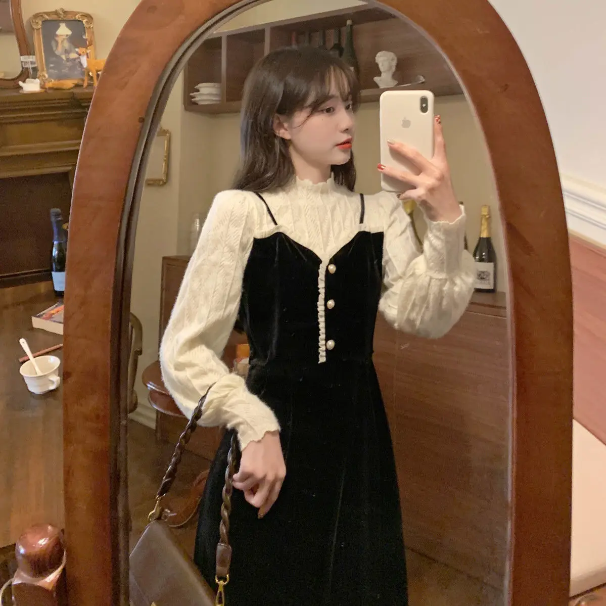 Women's Black Velvet Patchwork Knitted Dress Thick Warm Casual Home Dress Korean Vintage Prom Dress Autumn and Winter Fashion