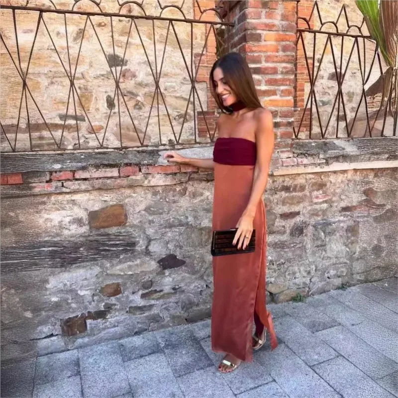 Elegant Ribbon Patchwork Strapless Maxi Dress Women's Sexy Off Shoulder Backless Slit Robe Summer Chic Ladies Party Streetwear