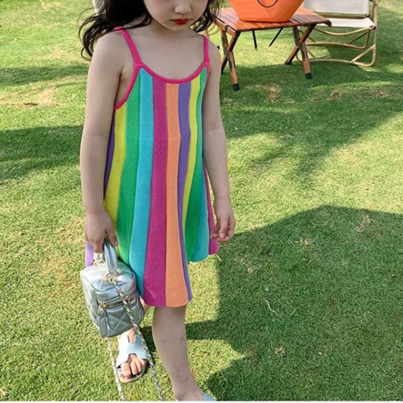 

2025 Ice Silk Fabric Summer New Girls A-Line Sling Contrast Color Casual Fashion Slim Vacation Sweet Cute Sleeveless Midi Dress
