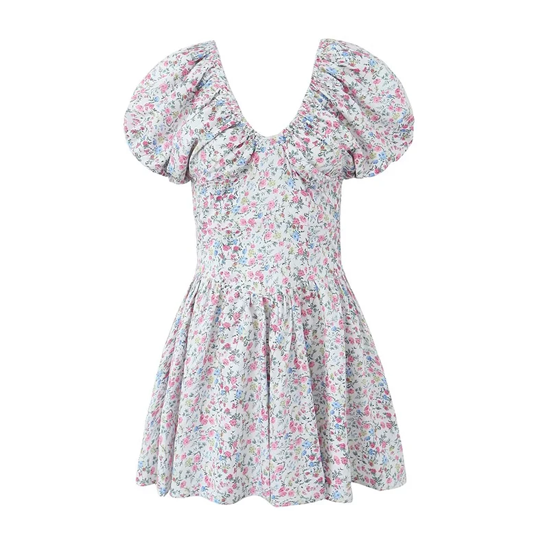 

YENKYE Floral Print Puff Sleeve Dress Women Sexy V Neck A-line Mini Summer Dresses 2024 Fairy Robe Holiday