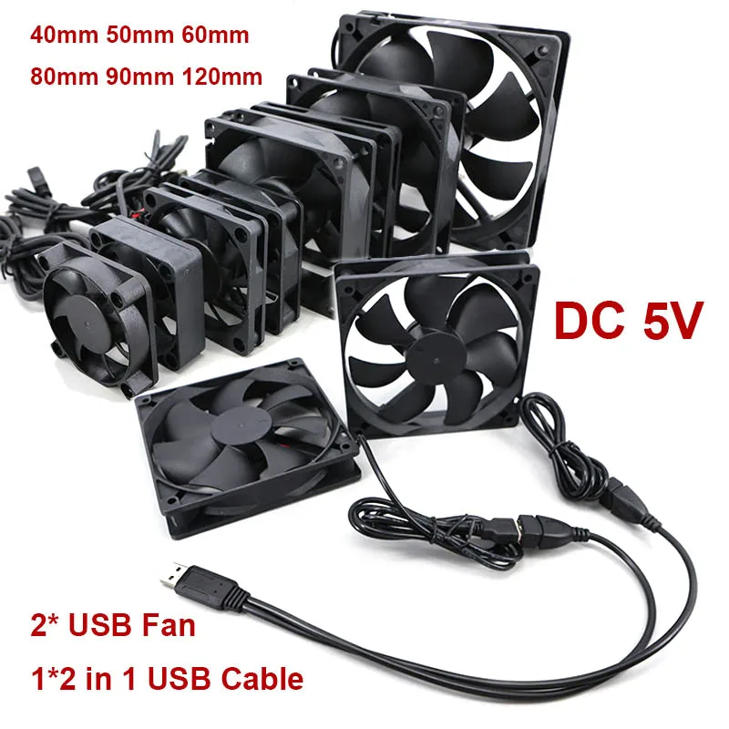 Dual 40mm 50mm 60mm 80mm 90mm 120mm DC 5V Powered USB Fans with 2 in 1 USB Cable for AV Receiver DVR Cooling