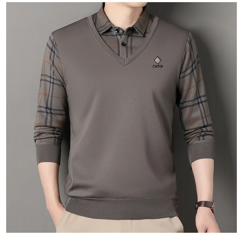 Herren Plaid Pullover Fleece Pullover Slim Fit Elegante Luxus Marke Gefälschte Zwei Stücke Gestrickte Pullover – Detail 6